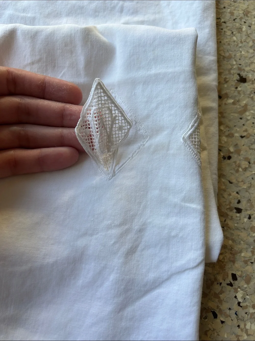 Vintage Pair of White Linen Pillowcase with Pink Lace Trim